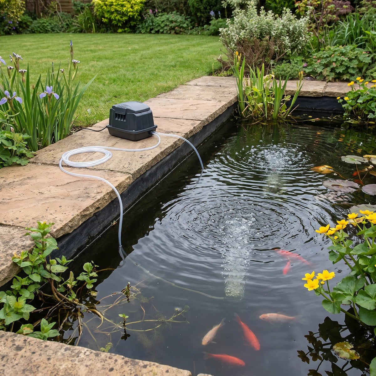 Outdoor pond air pump on a paving slab beside a garden fish pond, airline running into the water with air stones bubbling below goldfish