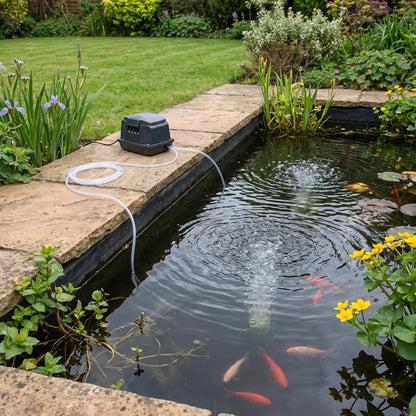 Outdoor pond air pump on a paving slab beside a garden fish pond, airline running into the water with air stones bubbling below goldfish