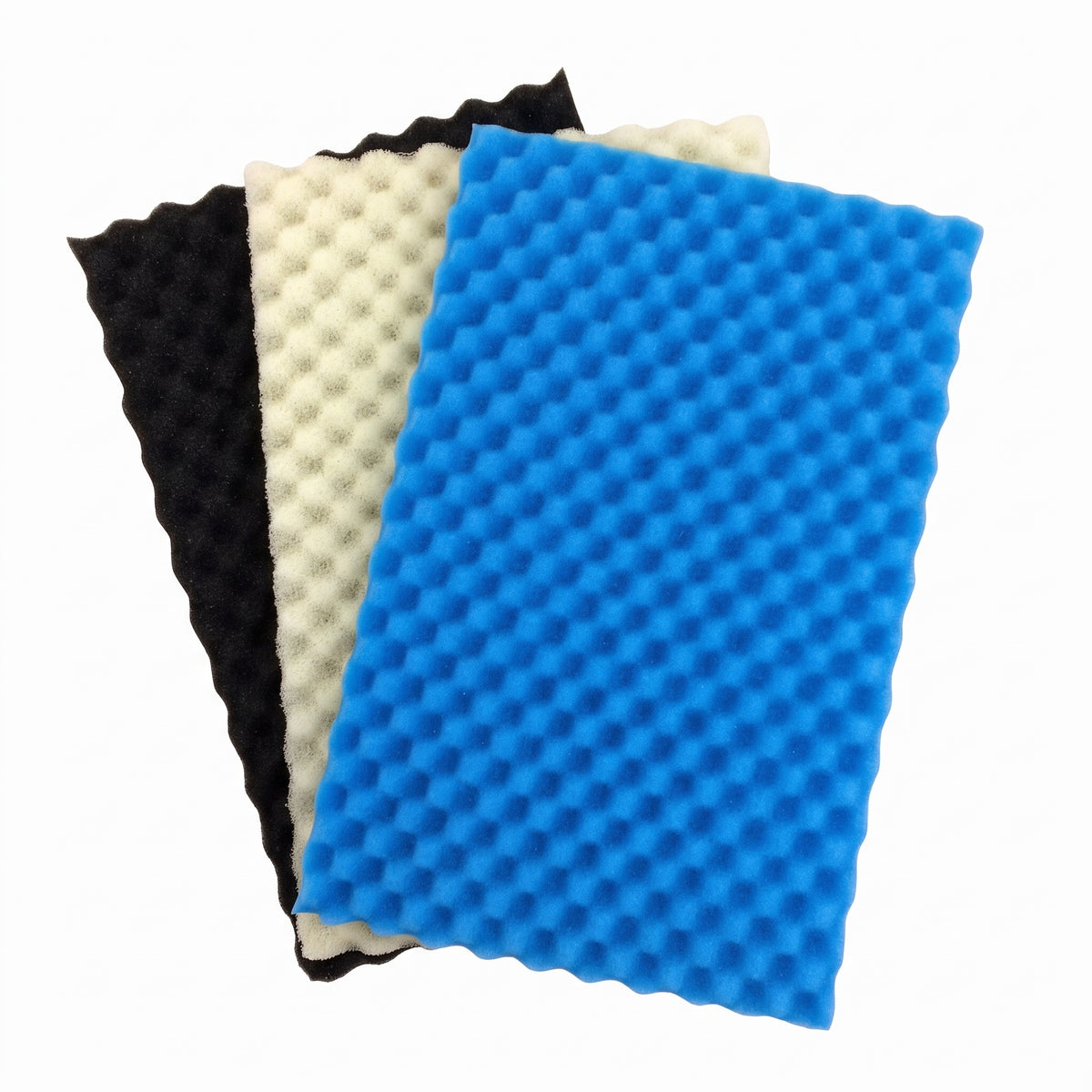 Pond filter foam 3 pack: coarse black, medium beige and fine blue egg-crate profiled sheets on a white background