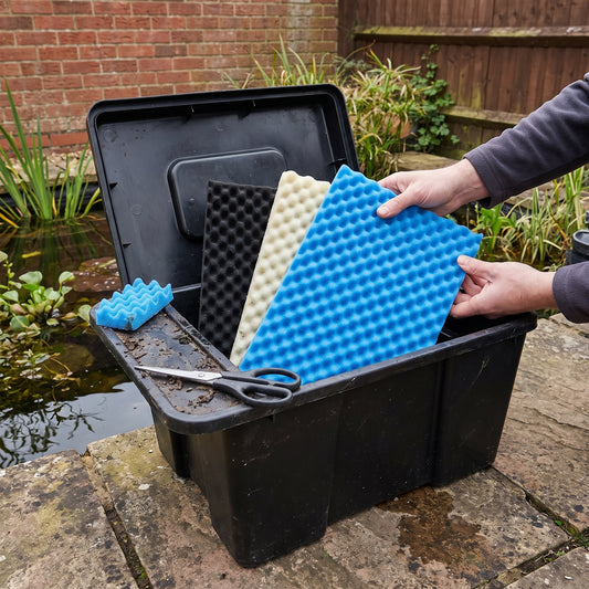 Coarse black, medium beige and fine blue egg-crate filter foam sheets being fitted into an open box filter beside a garden pond