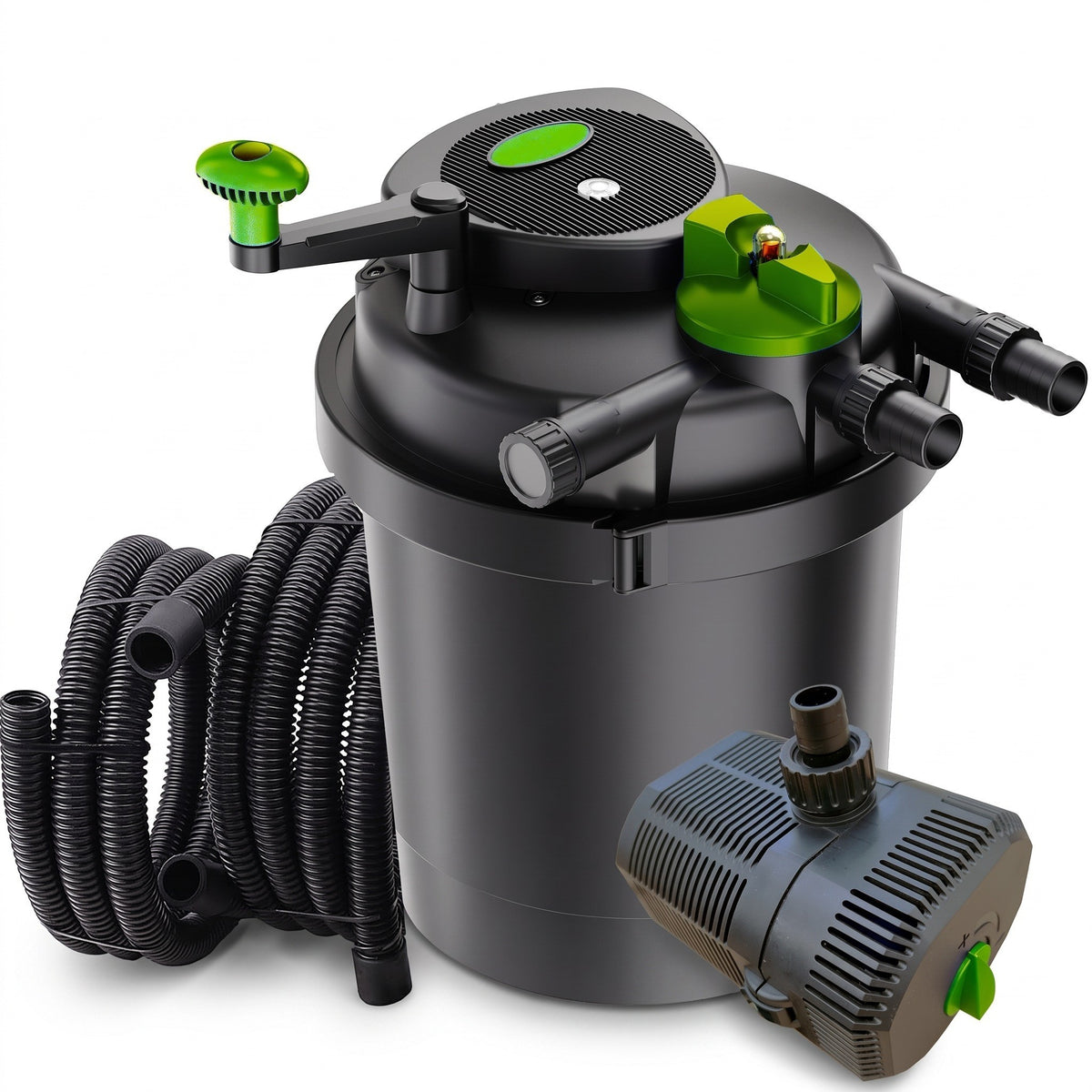 Pond filter UV set with submersible pump and coiled hose on a white background (9000L and 12000L sets)