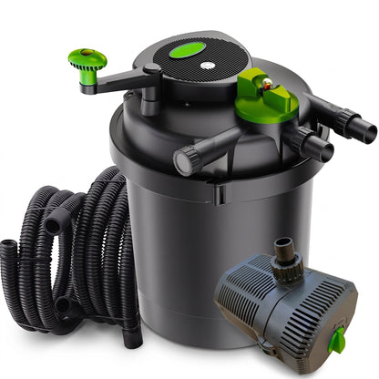 Pond filter UV set with submersible pump and coiled hose on a white background (9000L and 12000L sets)