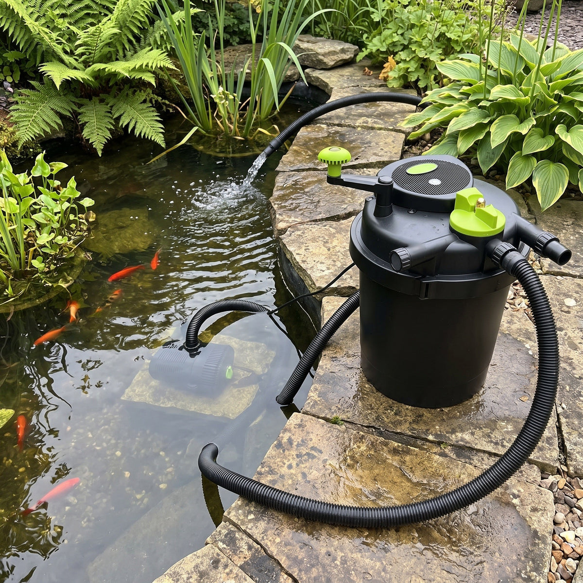 Pond filter, UV and pump set installed at a UK garden pond: pressurised filter on the edging, submersible pump under the water, hoses connecting them