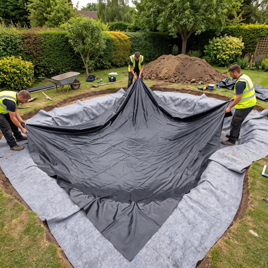Landscaping crew unfolding a black LDPE pond liner over grey geotextile underlay in a newly dug pond