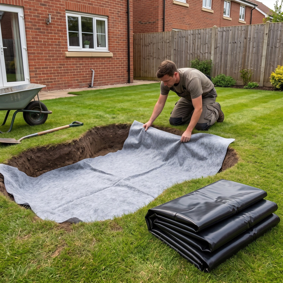 Homeowner laying grey geotextile underlay into a dug garden pond with the folded black liner ready beside it