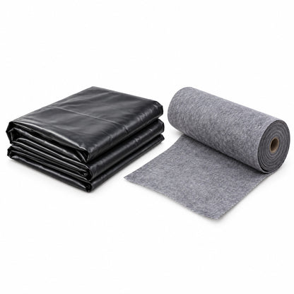 Folded black LDPE pond liner beside a roll of grey geotextile underlay on a white background