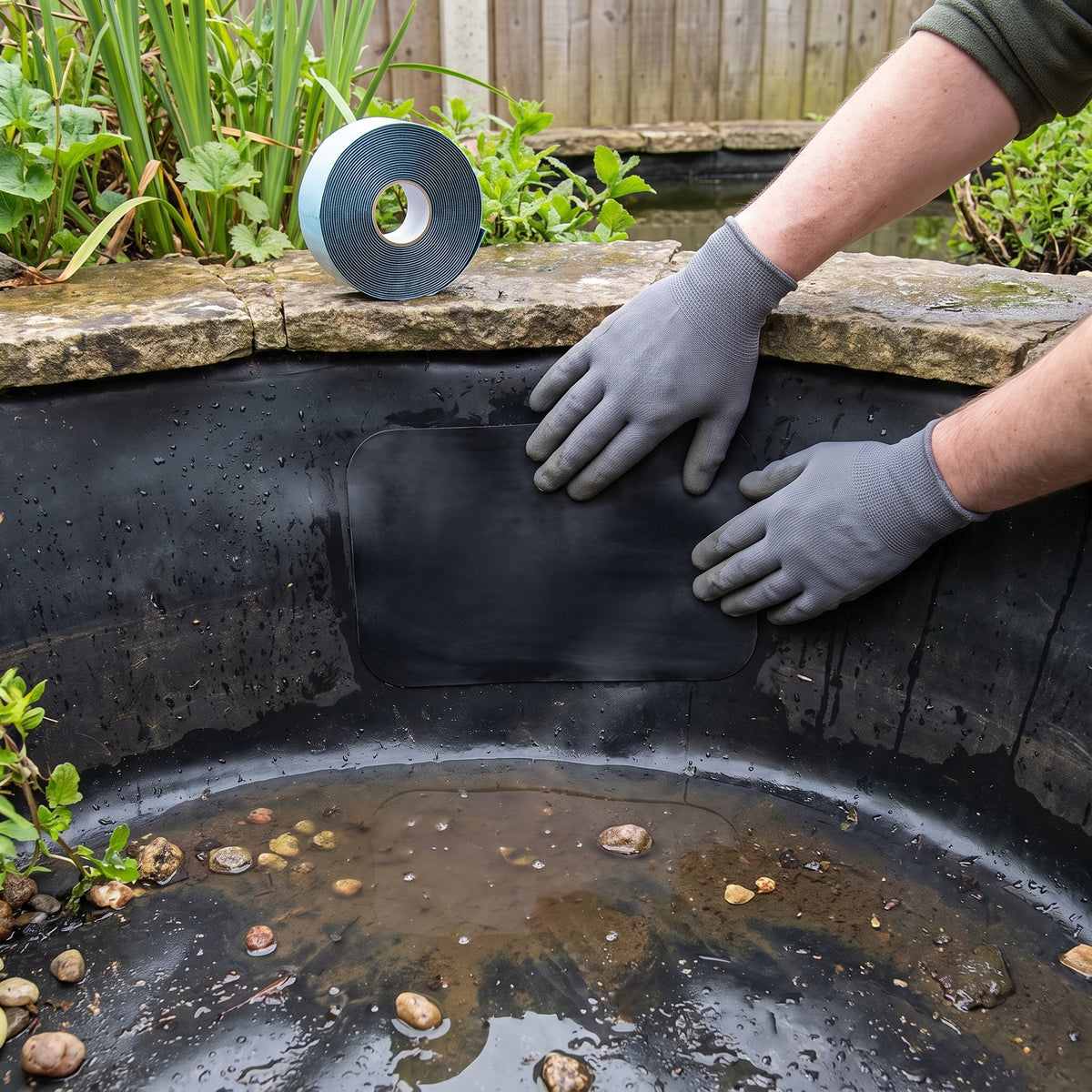 Gloved hands pressing a black rubber repair patch with rounded corners onto the liner wall of a drained garden pond, cold-glue tape roll on the edging