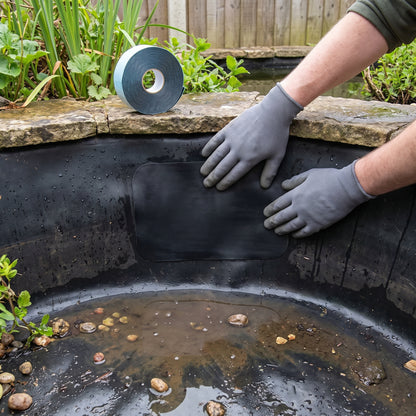 Gloved hands pressing a black rubber repair patch with rounded corners onto the liner wall of a drained garden pond, cold-glue tape roll on the edging