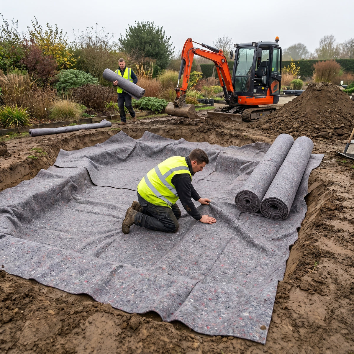 Contractor smoothing 200gsm grey pond liner underlay into a large koi pond excavation with spare rolls beside it