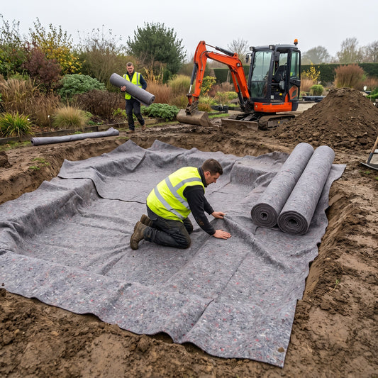 Contractor smoothing 200gsm grey pond liner underlay into a large koi pond excavation with spare rolls beside it