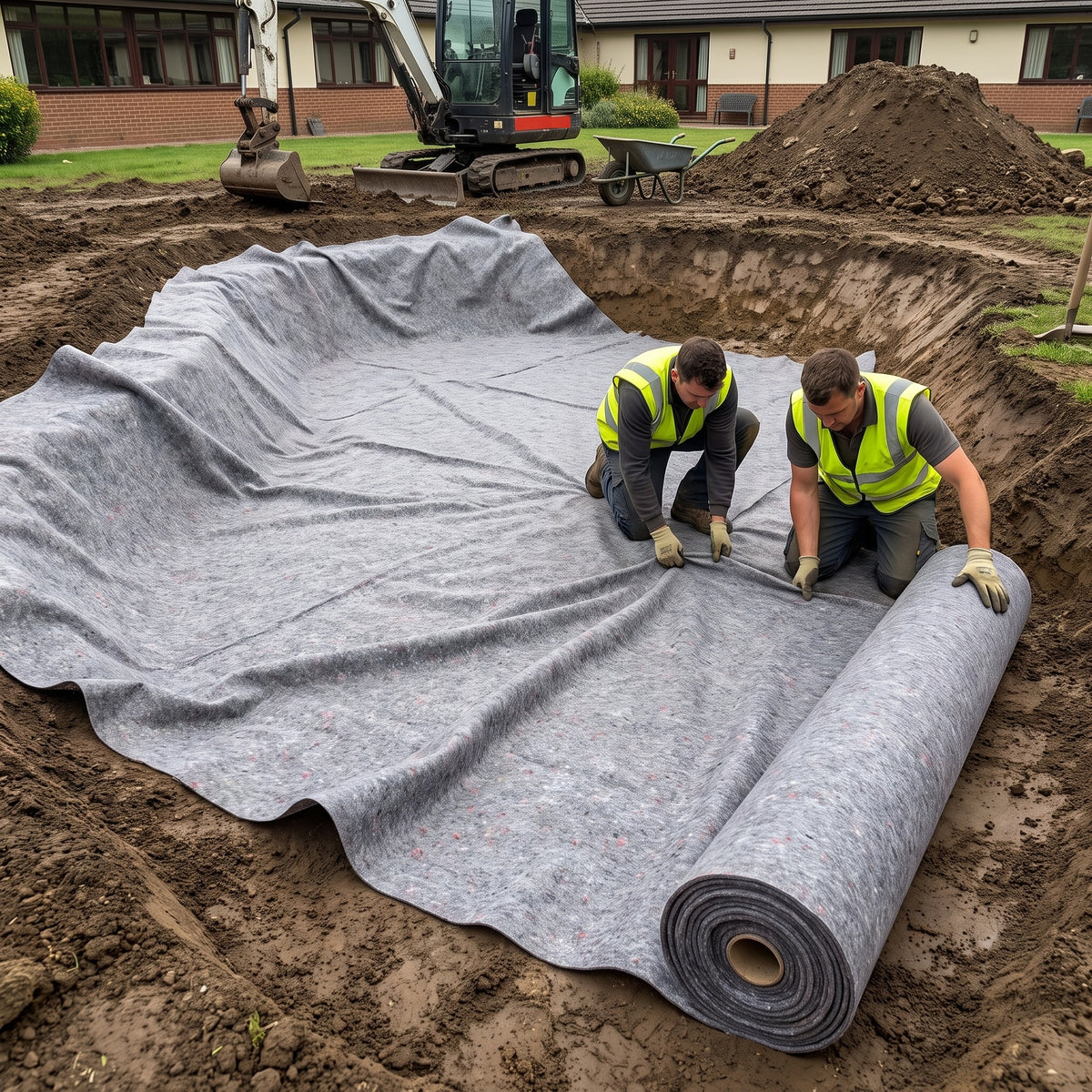 Landscape contractors laying 60gsm grey pond liner underlay across a large excavated pond on a commercial site