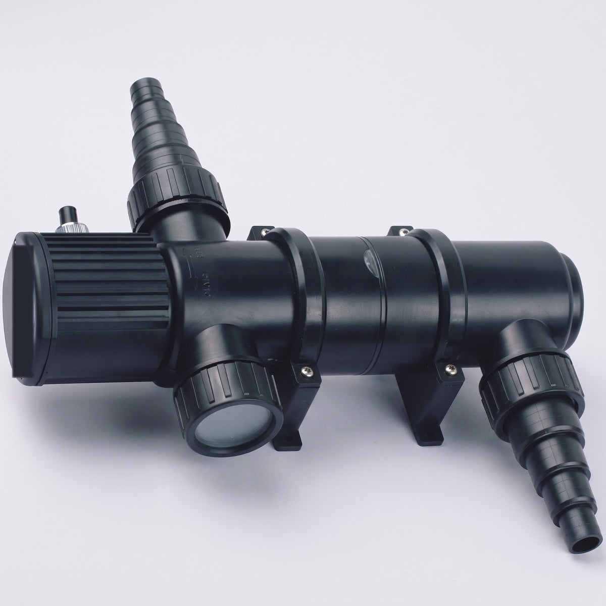 Pond UV clarifier unit with stepped hose tails and mounting brackets on a plain grey background