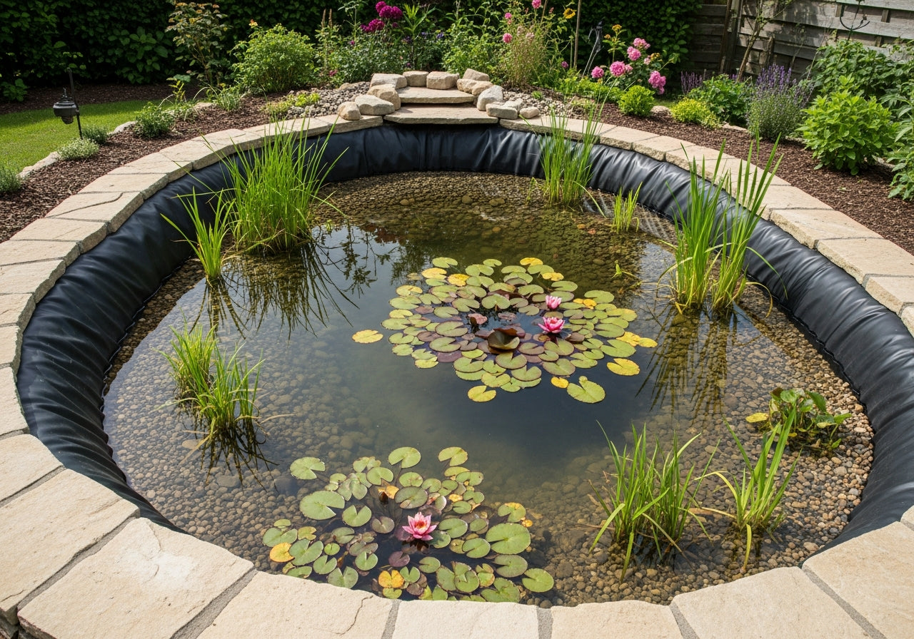 Completed British wildlife pond with black LDPE flexible pond liner - fish safe pond liner