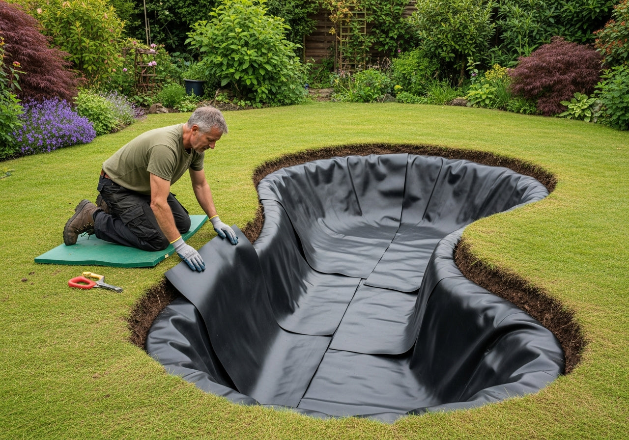 Man installing Budget LDPE pond liner into British garden wildlife pond - flexible pond liner UK
