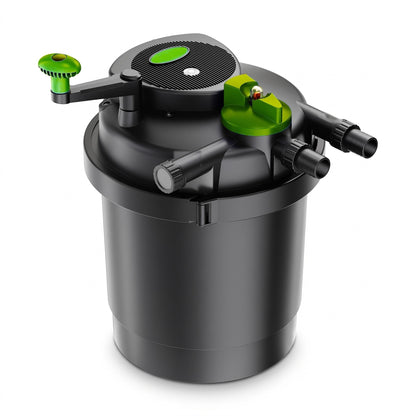 Pressurised pond filter with built-in UVC, turn-to-clean handle and stepped hosetails on a white background (9000L and 12000L body)