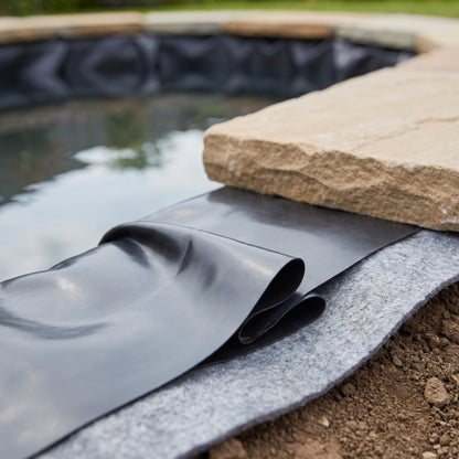 Close-up of smooth black PVC pond liner folded over grey underlay at the pond edge beneath a sandstone coping slab