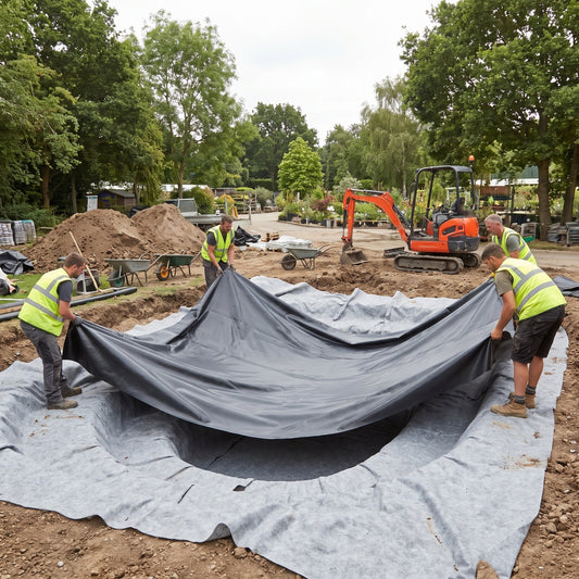 Landscaping crew lowering a black PVC pond liner over grey underlay into a large excavated pond on a commercial site
