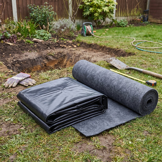 Black HDPE pond liner and heavy duty grey felt underlay ready to install beside a freshly dug garden pond