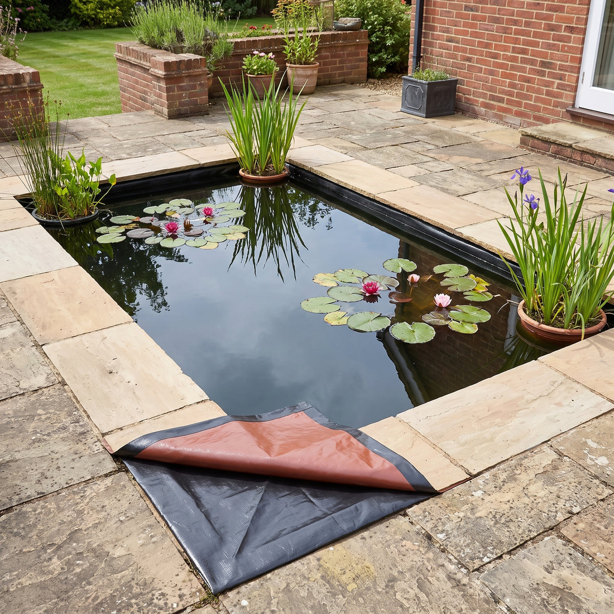 Formal patio pond lined black side up with the reversible pond liner, corner folded back to show the brown side