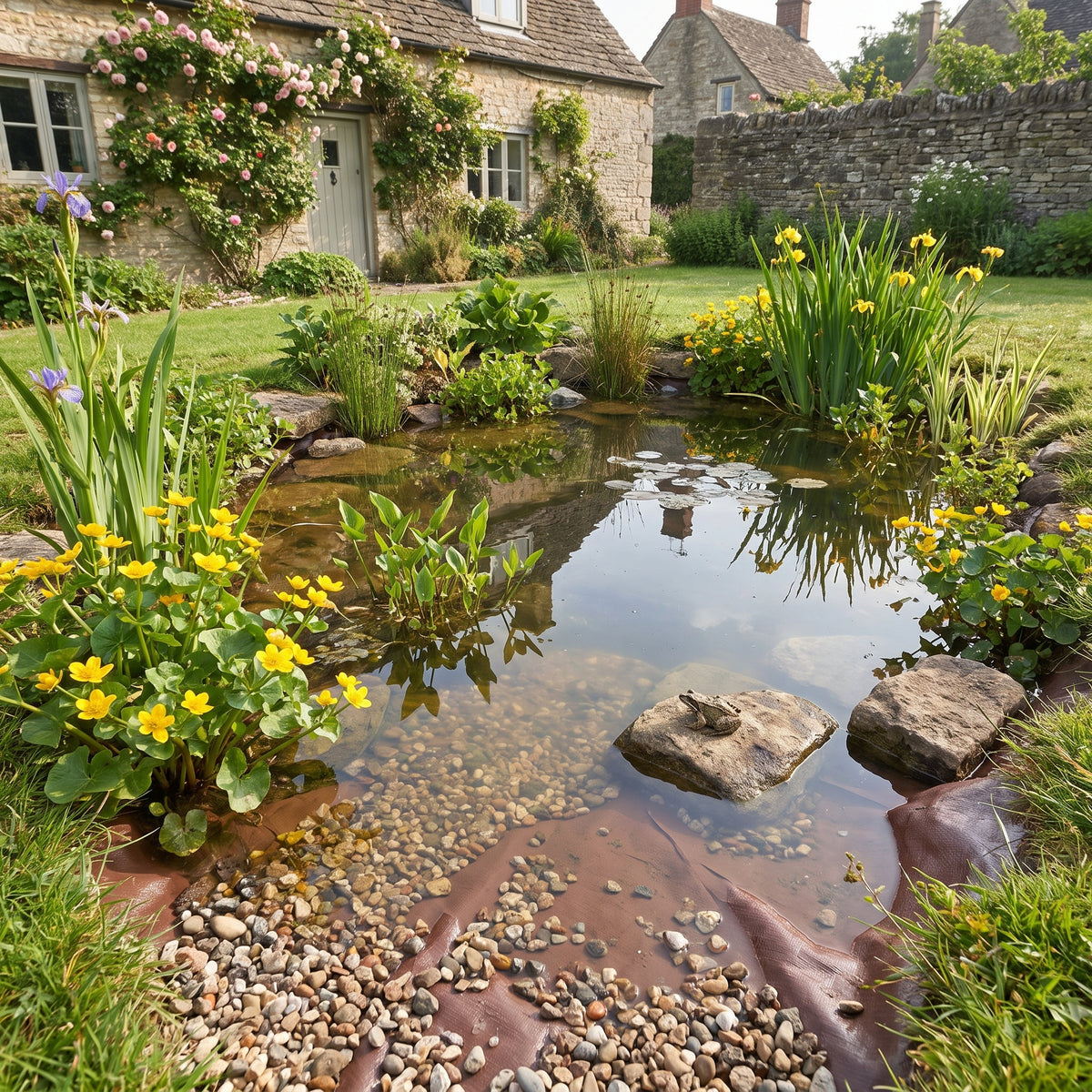 Wildlife pond lined brown side up with the reversible pond liner, pebble beach and marginal plants