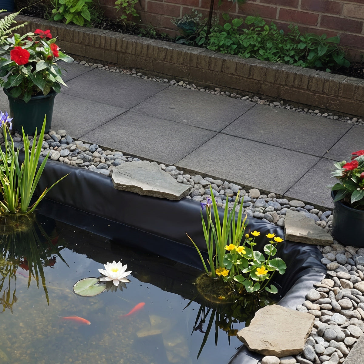 Finished small patio pond with goldfish, a water lily and the black liner edge hidden under stones and pebbles