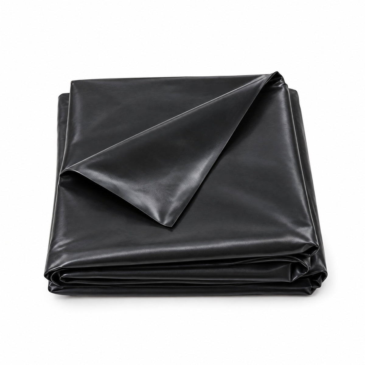 Small folded black PVC pond liner with the top fold lifted on a white background