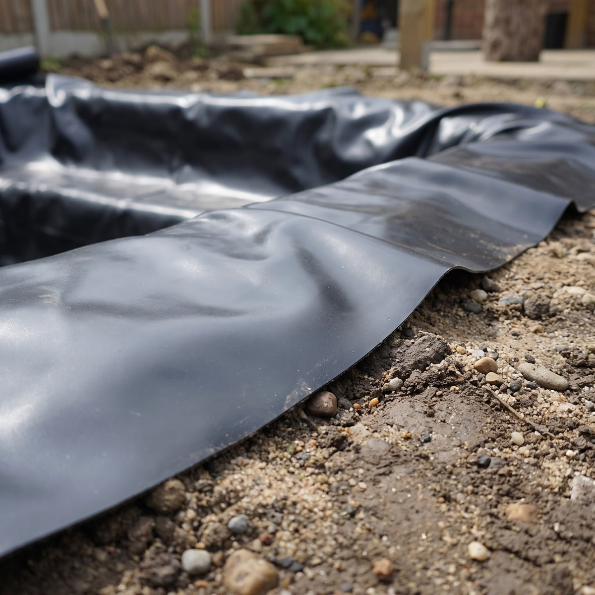 Close-up of smooth black PVC pond liner draped over the rim of a small newly dug pond
