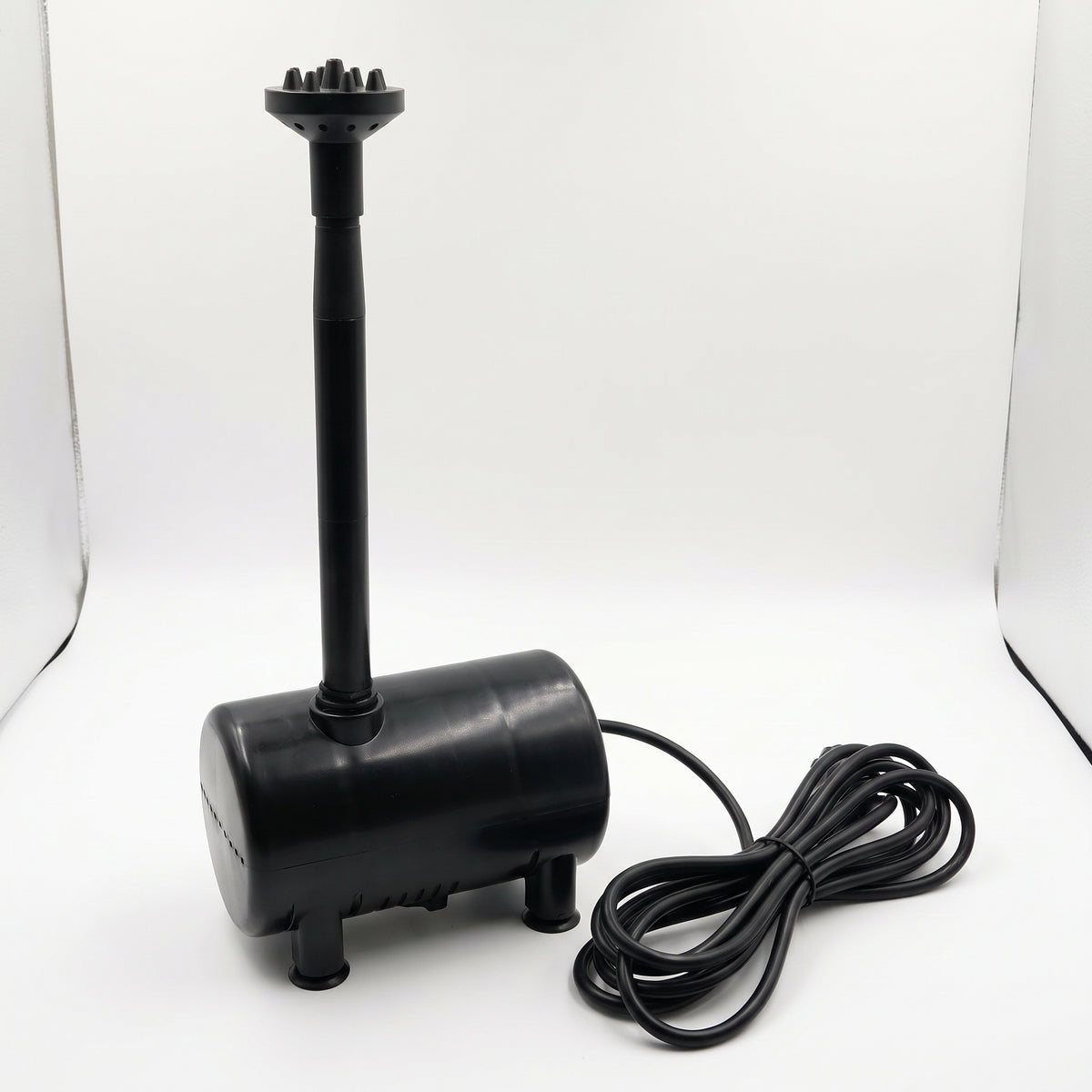 Black 900 L/h solar fountain pump with riser, multi-hole spray head and 5 m cable on a plain white background