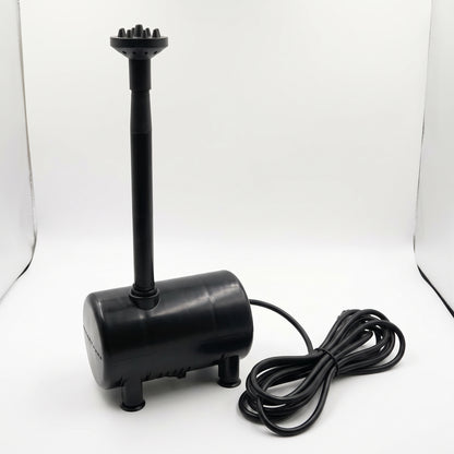 Black 900 L/h solar fountain pump with riser, multi-hole spray head and 5 m cable on a plain white background