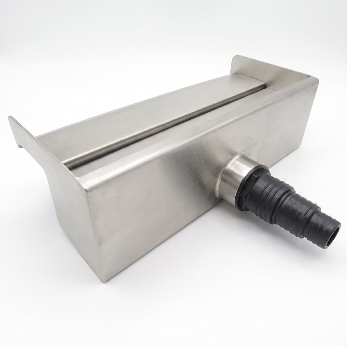 Brushed stainless steel pond waterfall spillway with rear hosetail inlet and front lip on a plain white background