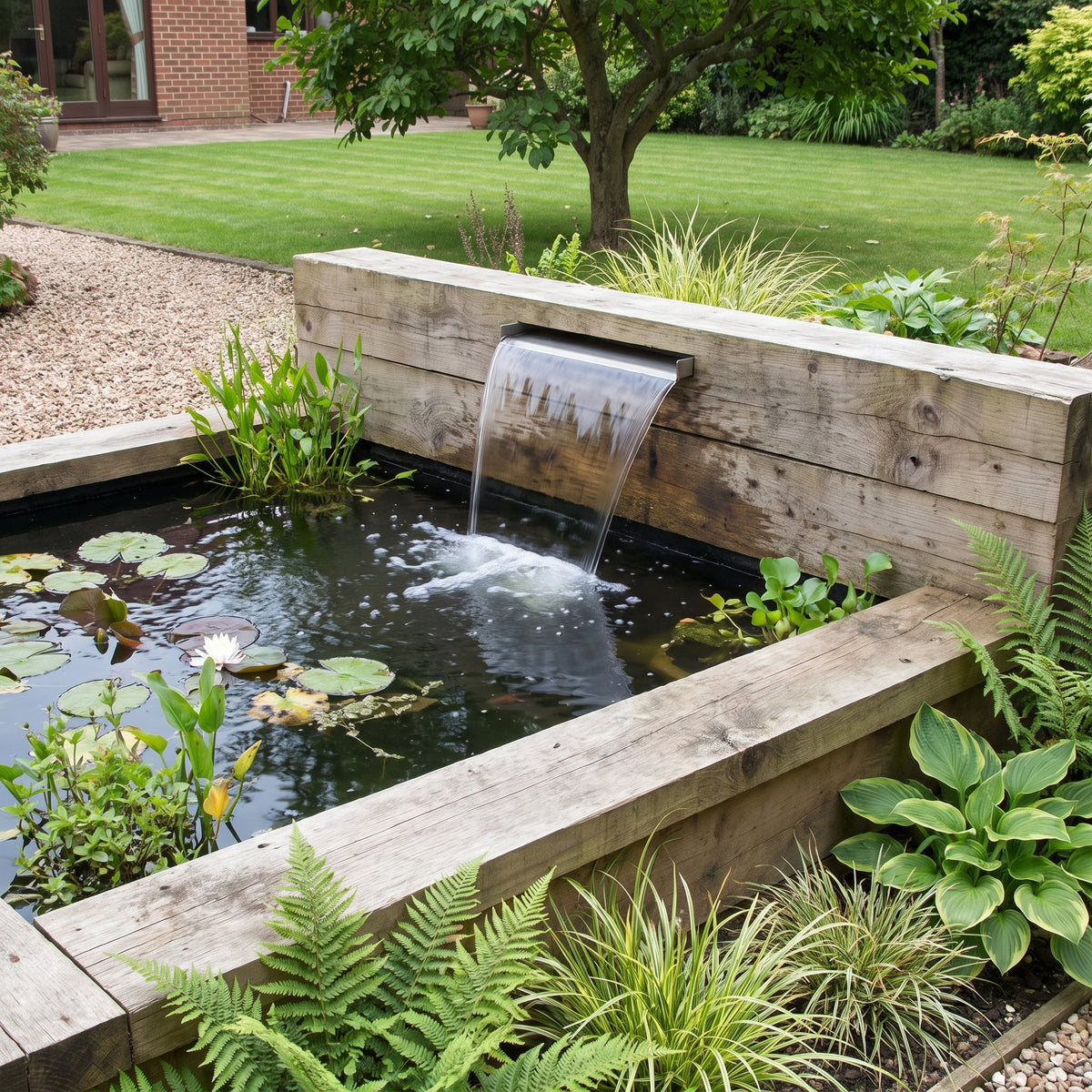 Stainless steel waterfall spillway set into a raised timber sleeper pond, pouring a clear sheet of water into a planted garden pond