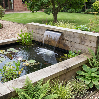 Stainless steel waterfall spillway set into a raised timber sleeper pond, pouring a clear sheet of water into a planted garden pond