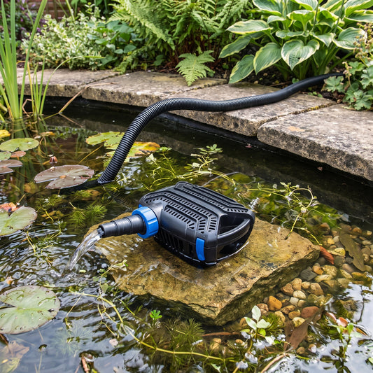 Submersible koi pond filter pump running on a stone ledge in a garden pond, black body with blue union nut and corrugated hose to the filter