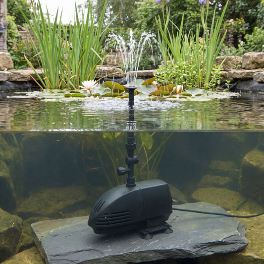 Submersible pond fountain pump on a stone in a garden pond, telescopic riser throwing a multi-jet fountain spray among water lilies
