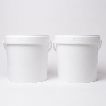 Twin pack of two white 5kg tubs of cold water pond bacteria powder on a white background