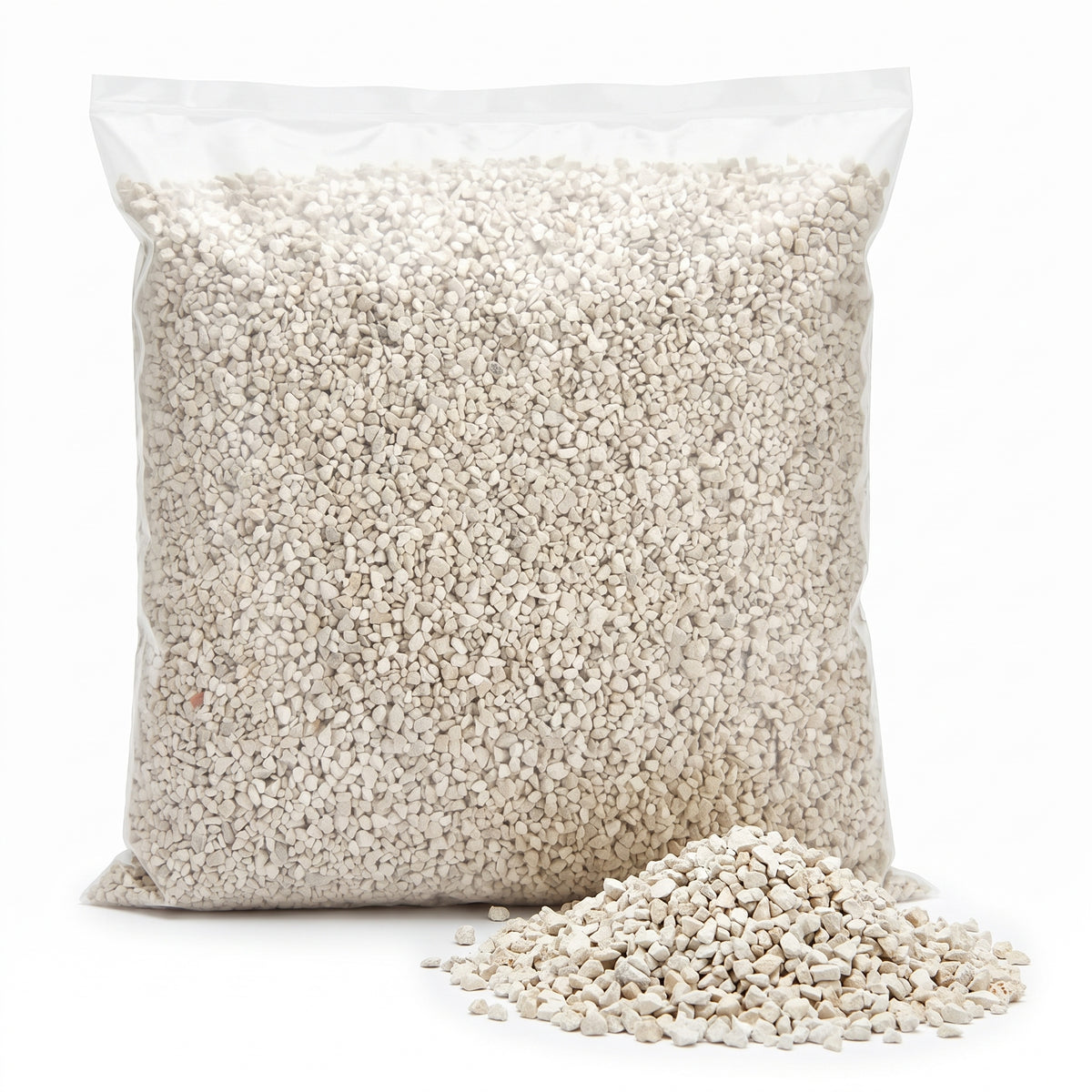 Bag of natural zeolite ammonia remover granules with a small heap of loose granules on a white background