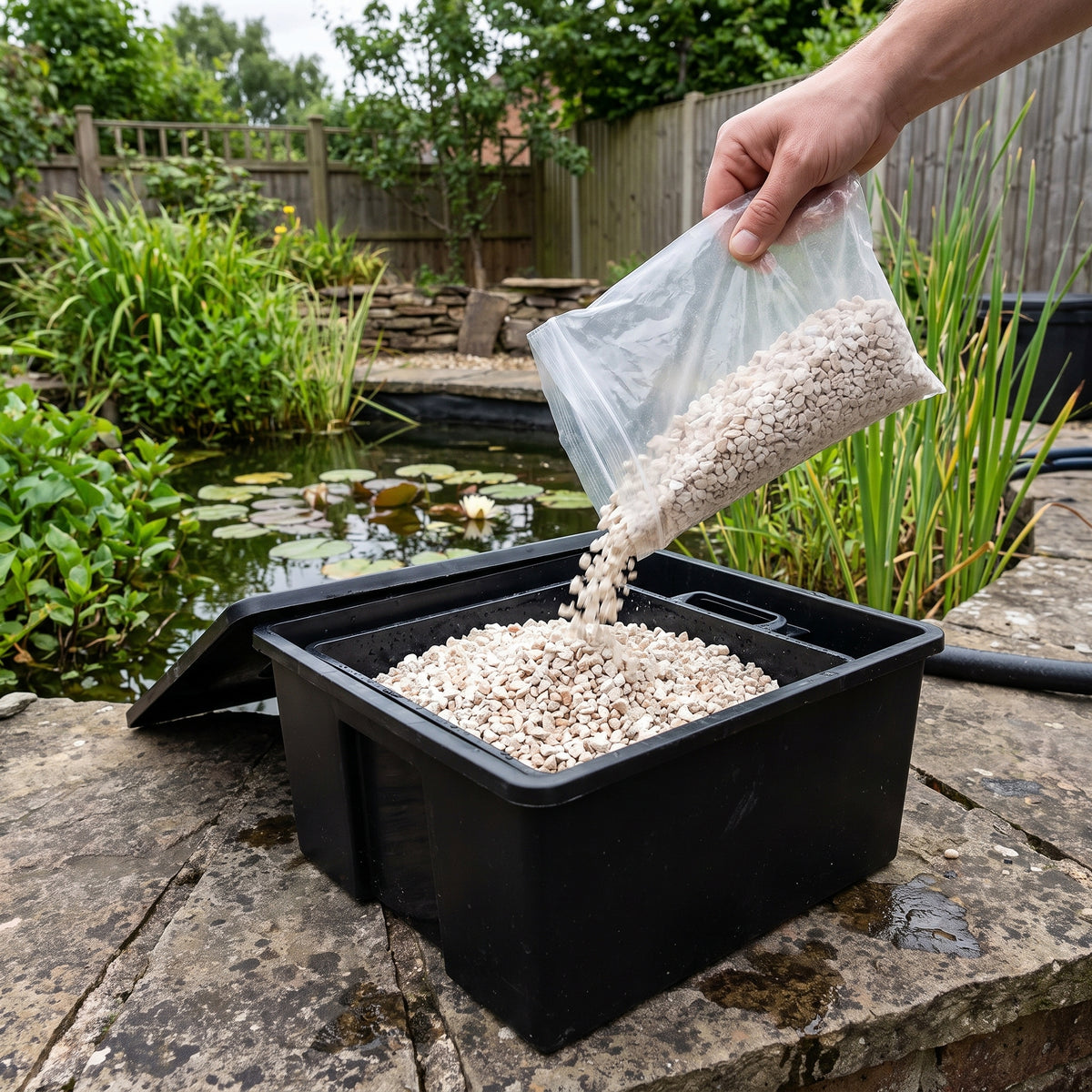 Off-white zeolite granules being poured from a clear bag into an open pond filter beside a garden fish pond