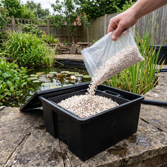 Off-white zeolite granules being poured from a clear bag into an open pond filter beside a garden fish pond